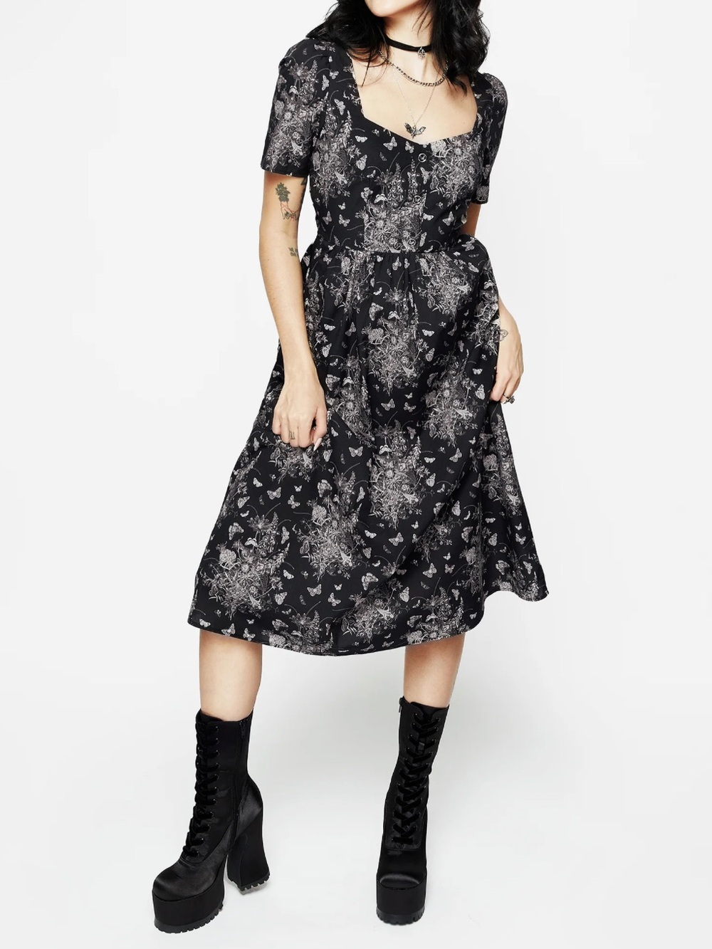 Disturbia Thalia Button Front Midi Dress Balck Floral Butterfly Whimsigoth-14